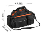 Geanta portbagaj bicicleta, 3 compartimente si 5 buzunare laterale, 45x20x22cm, negru cu elemente reflectorizante portocalii