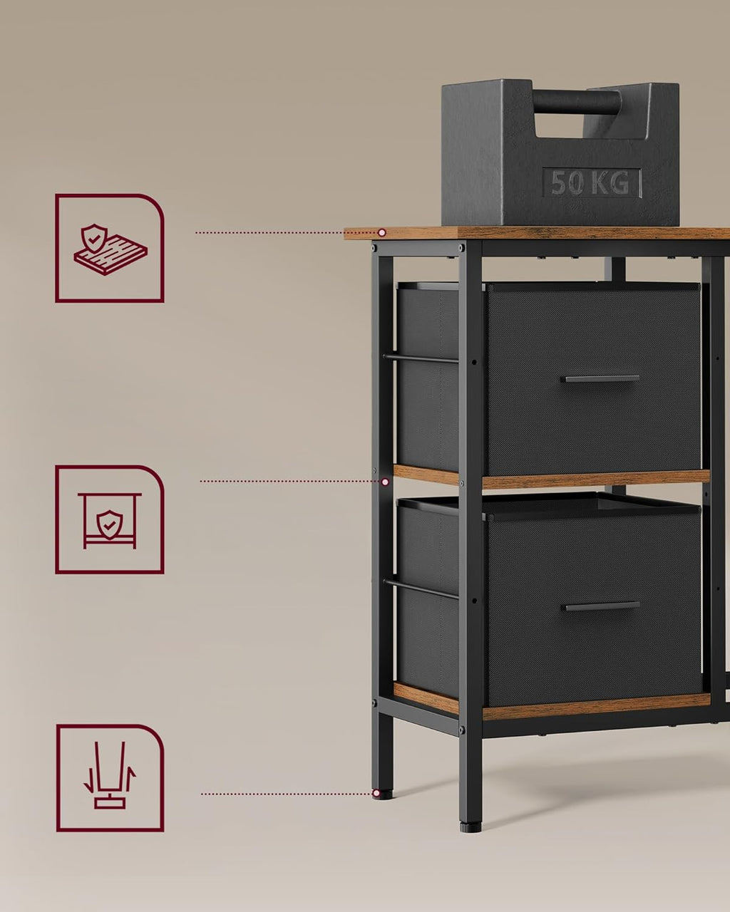 VASAGLE Birou in forma de L, suport monitor, 2 rafturi si 2 sertare, 105x135x76 cm, maro rustic