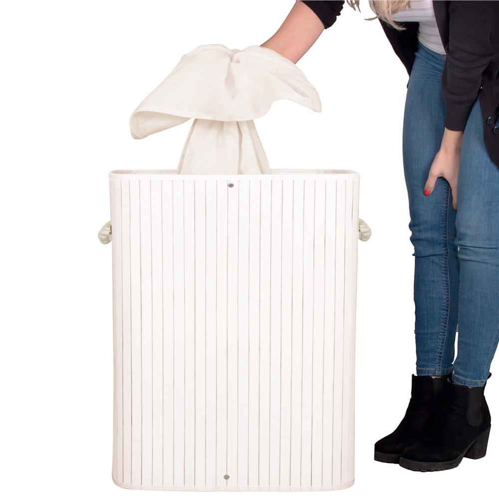 Cos de rufe din bambus cu capac, 2 compartimente, sac detasabil, volum 100L, 54x35x60cm, alb