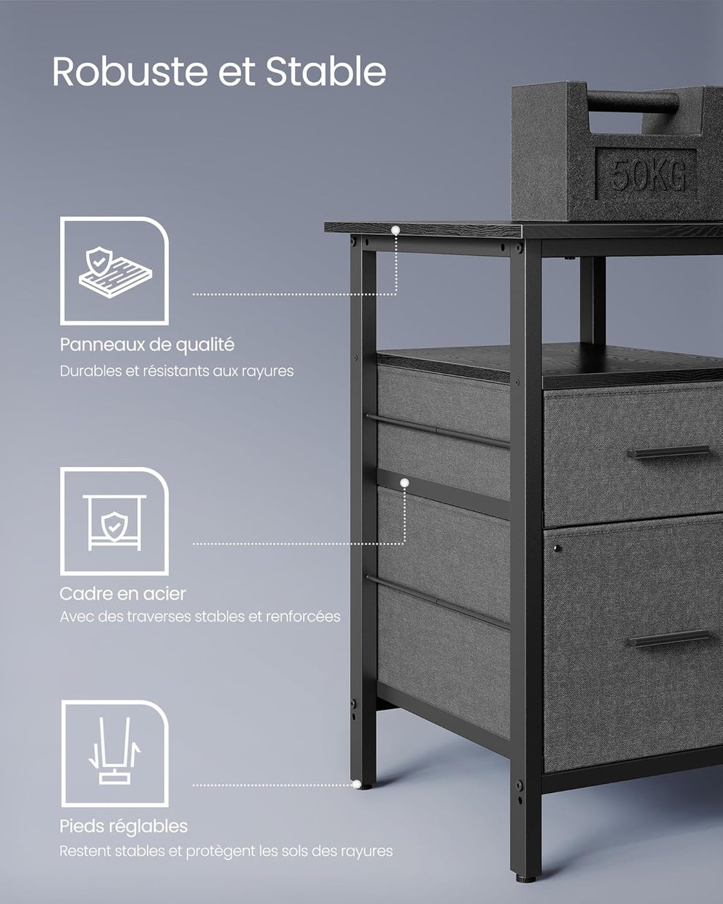 VASAGLE Birou in forma de L, suport monitor, raft si 2 sertare, 4 prize si 2 USB, 120x150x76 cm, negru