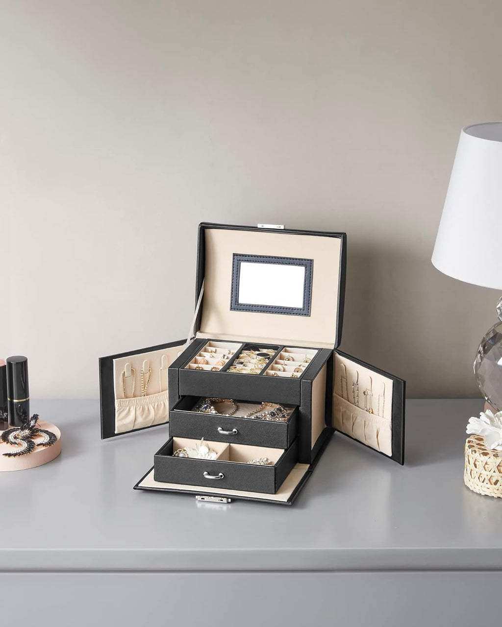 SONGMICS Cutie de bijuterii cu 3 nivele, 2 sertare, oglinda si incuietoare, 14x18x14cm, negru