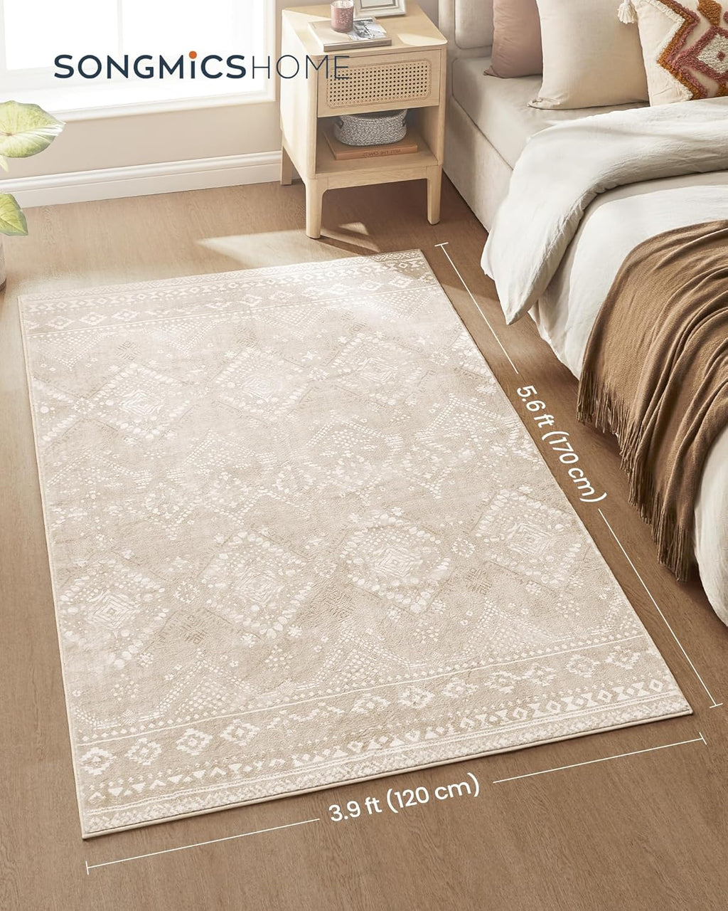 SONGMICS Covor decorativ antiderapant, stil boho, lavabil la masina, 120×170 cm, bej cappuccino