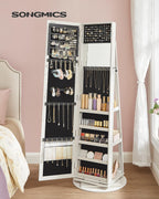 SONGMICS Oglinda de podea cu suport rotativ la 360°, cu spatiu de depozitare, 55x55x161cm, alb cenusiu