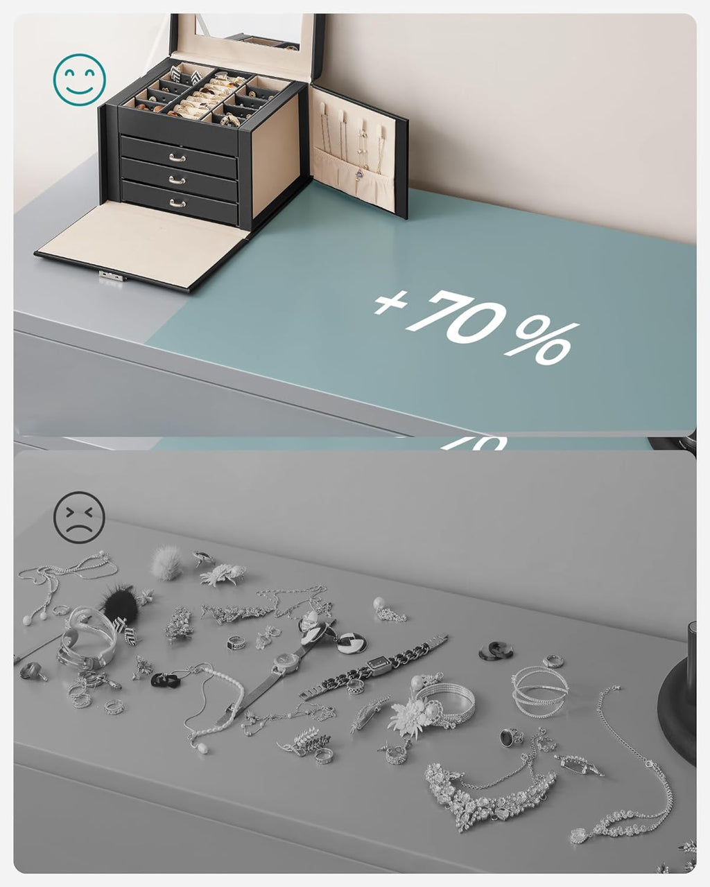 SONGMICS Cutie de bijuterii cu 4 nivele, 3 sertare, oglinda si incuietoare, 18x23x17cm, negru