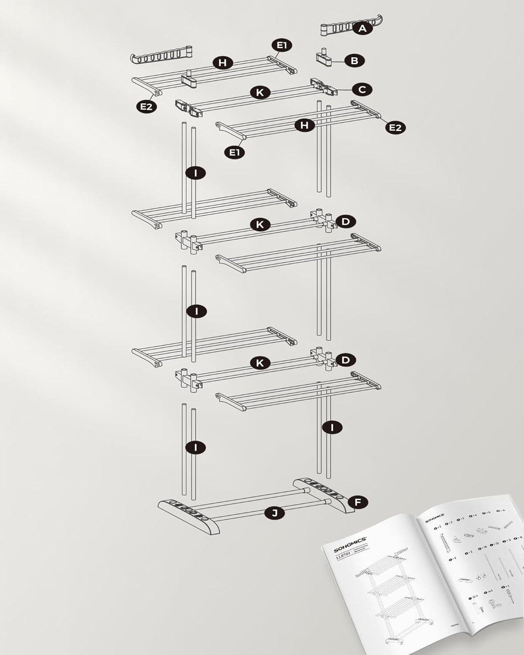 SONGMICS Uscator vertical pentru rufe, mobil si pliabil, cu doua umerase, 64x126x172 cm, sarcina 35kg