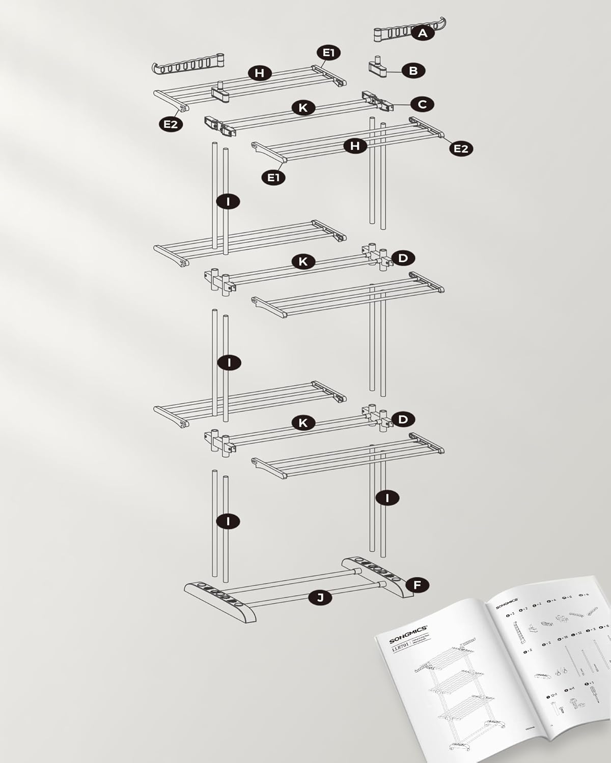 SONGMICS Uscator vertical pentru rufe, mobil si pliabil, cu doua umerase, 64x126x172 cm, sarcina 35kg