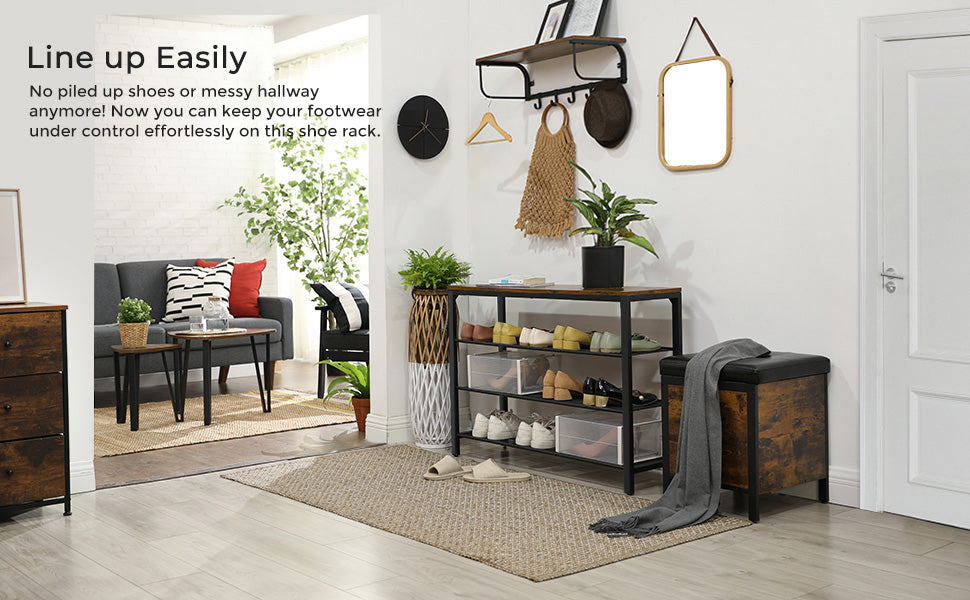 VASAGLE Raft pentru pantofi cu 3 polite, 100x30x72cm, otel, stil industrial, maro rustic si negru