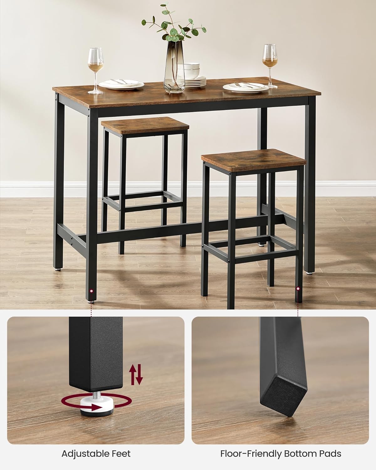 VASAGLE Set masa de bar cu 2 scaune, cadru din otel, blat lemn, stil industrial, 120x60x90cm, maro rustic