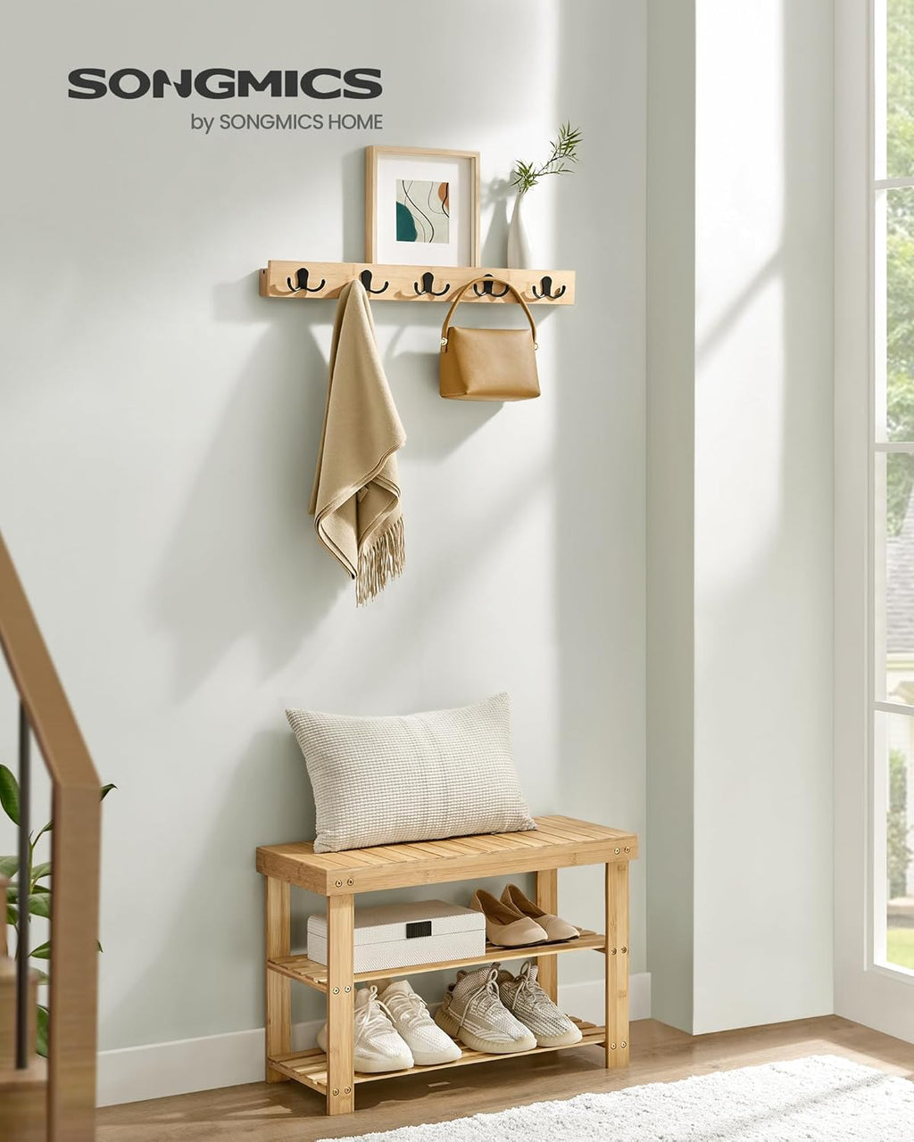 SONGMICS Set multifunctional pentru hol cu banca pentru pantofi si cuier, din bambus, 29x70x45 cm, maro natur
