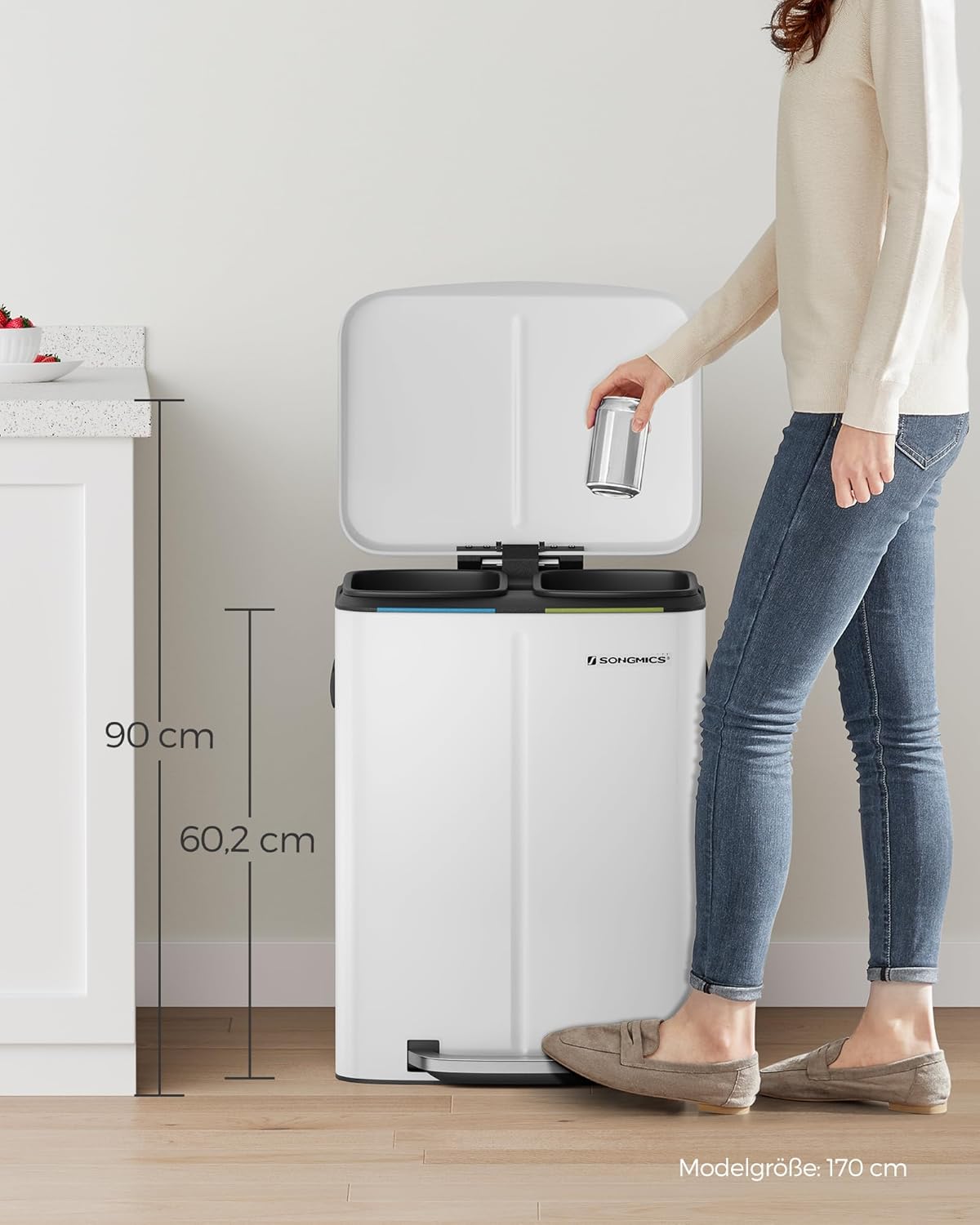 SONGMICS Cos de gunoi din inox cu 2 galeti interioare, colectare selectiva, 2x20 litri, alb