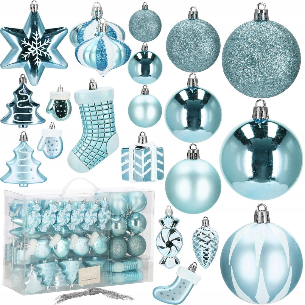 Set globuri si decoratiuni de Craciun, 77 piese, diverse dimensiuni, albastru