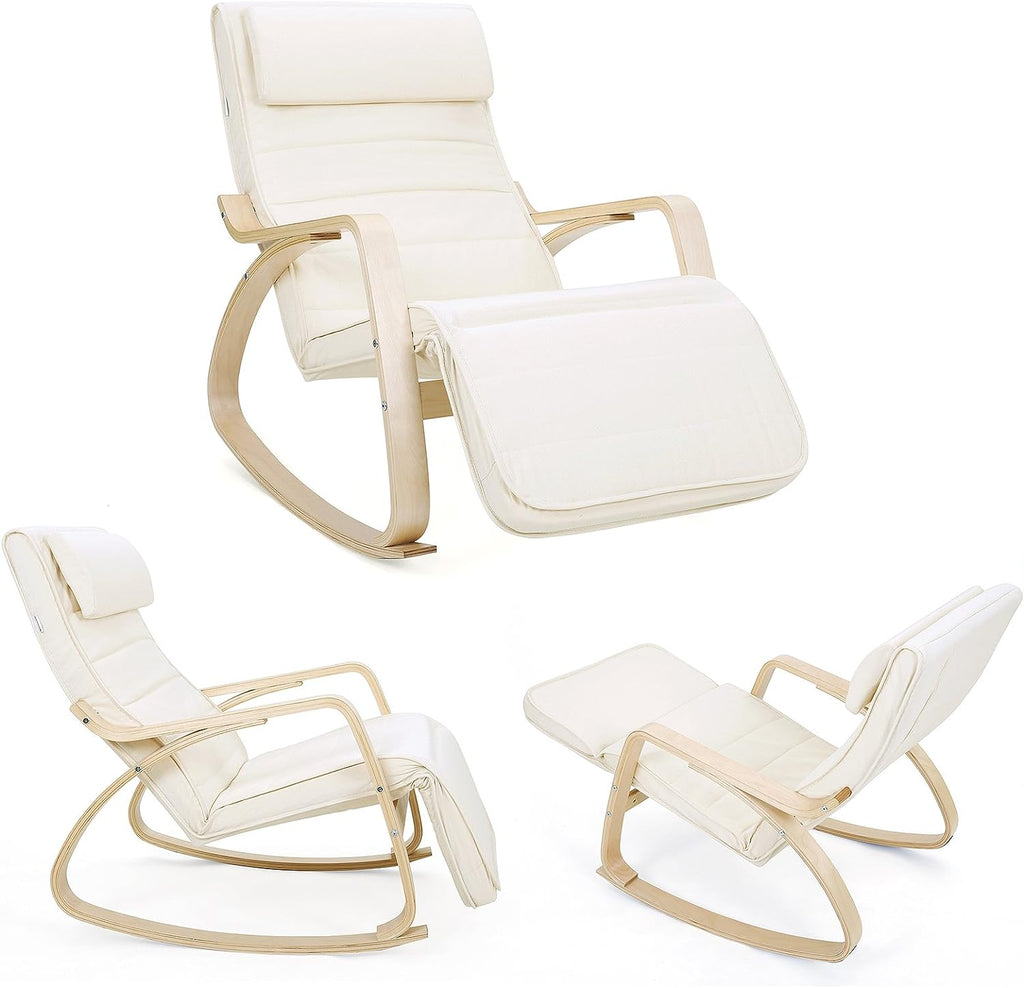 SONGMICS Scaun balansoar din lemn, suport picioare reglabil, maxim 150kg, 55x115x91cm, bej