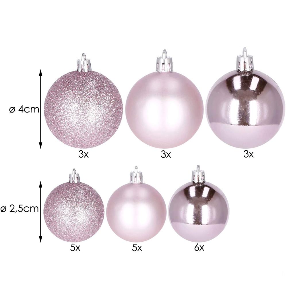 Set globuri de Craciun, 25 bucati, 3 modele, 2,5cm si 4cm, roz