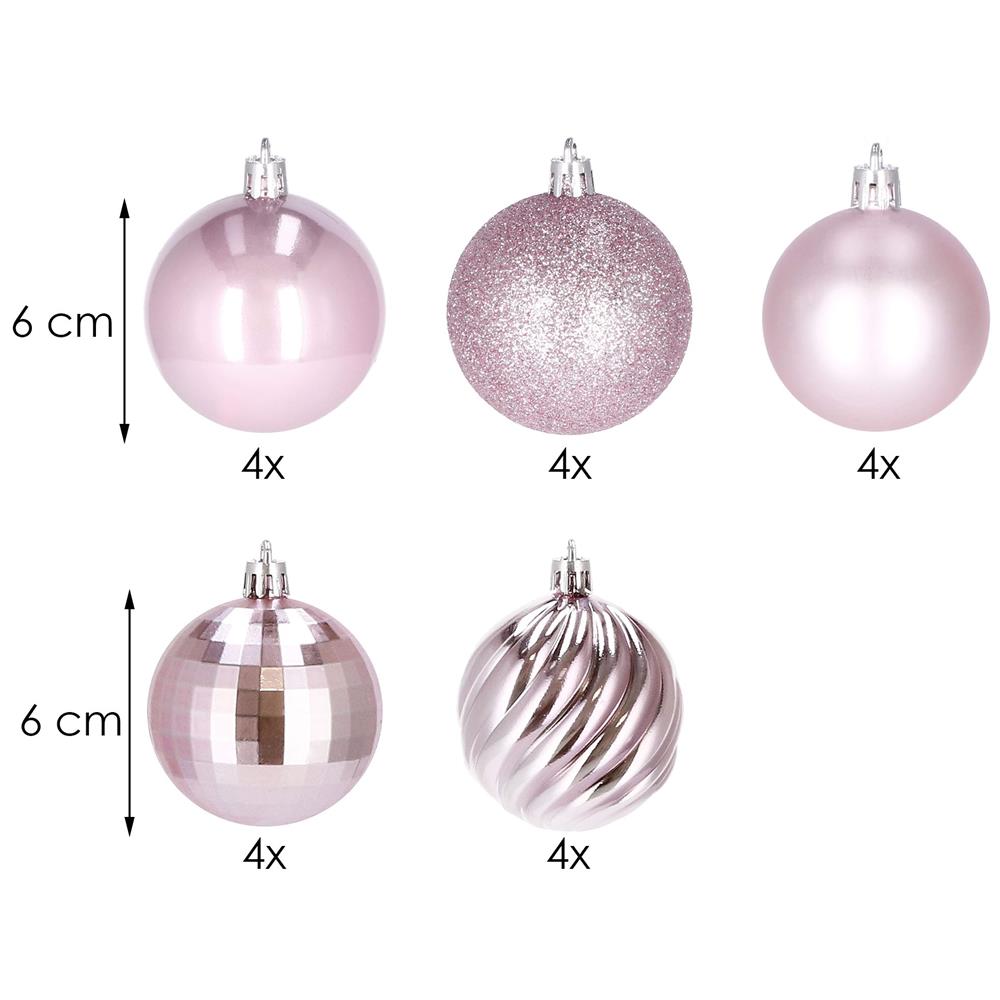 Set globuri de Craciun, 20 bucati, 5 modele, 6cm, roz