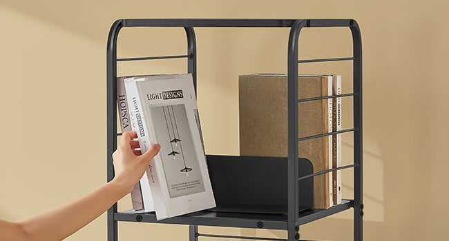 VASAGLE Biblioteca rotativa 360 grade, cadru metalic, cu 5 polite MDF, 43x43x158cm, negru