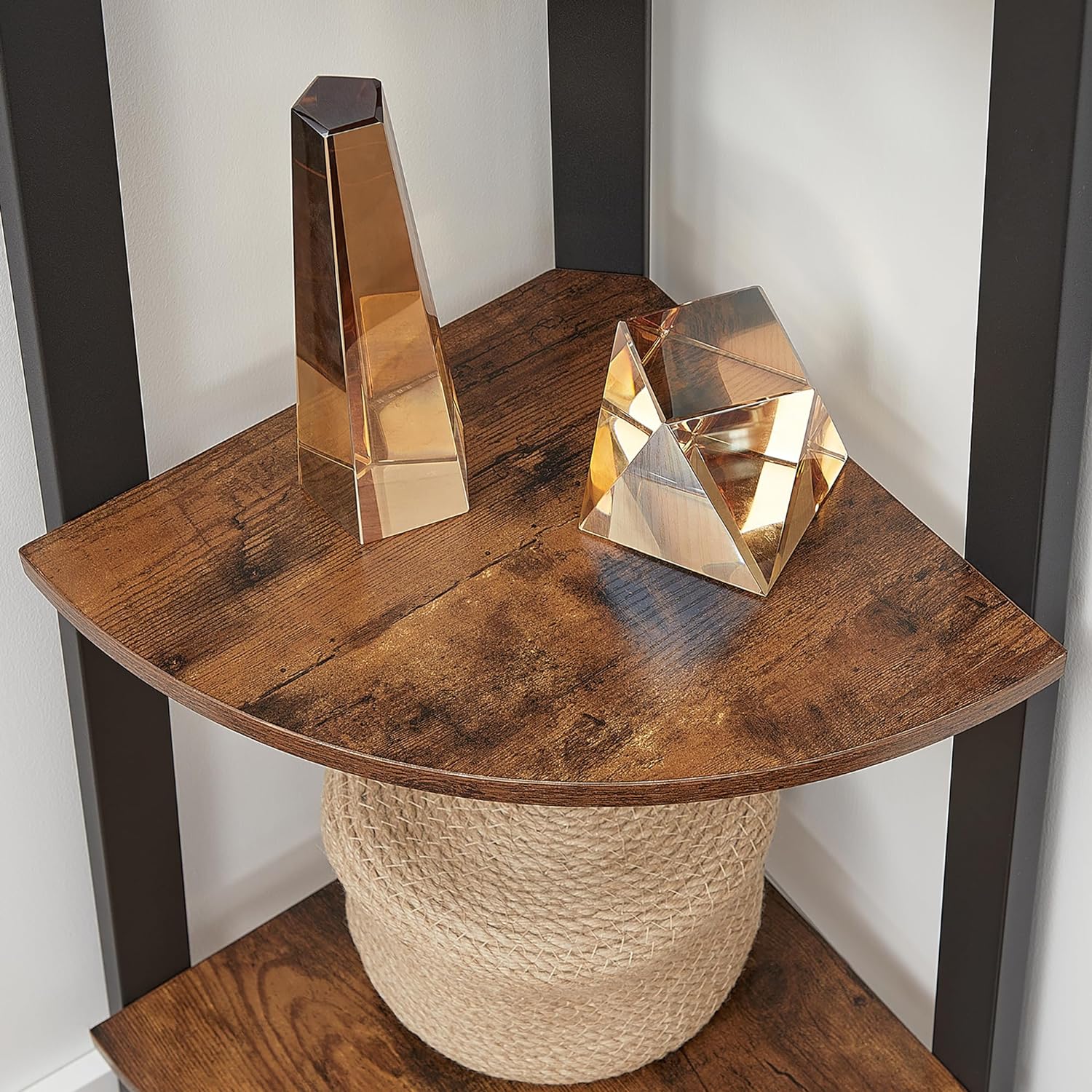 VASAGLE Raft de colt cu 4 etaje, tip biblioteca, cadru metal si polite lemn, industrial, 34x34x125cm, maro rustic