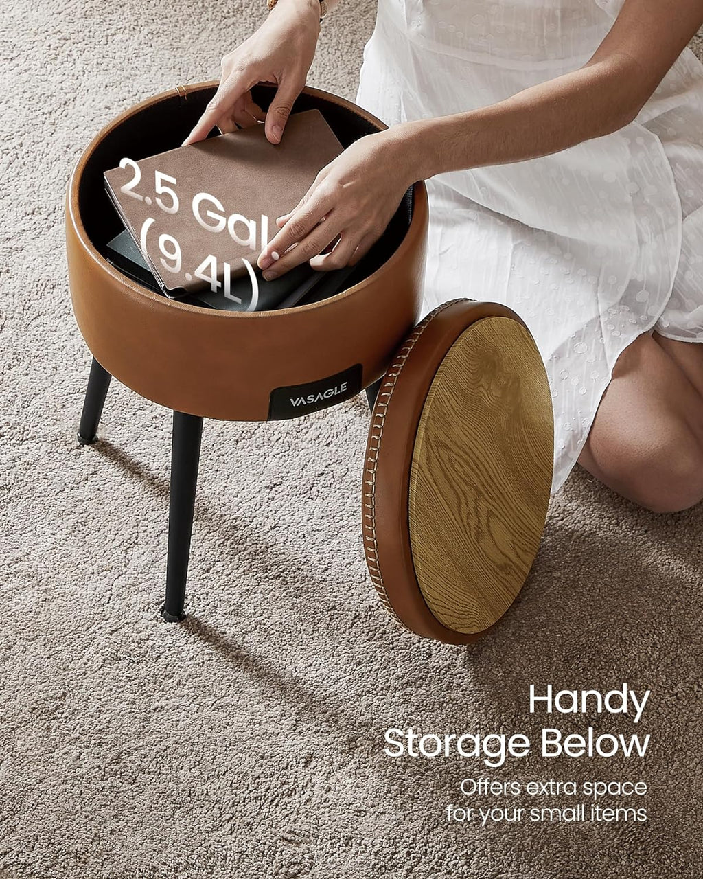 VASAGLE Taburet cu spatiu de depozitare, tapitat PU, cu 2 fete, diametru 32 cm, maro