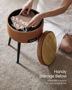 VASAGLE Taburet cu spatiu de depozitare, tapitat PU, cu 2 fete, diametru 32 cm, maro