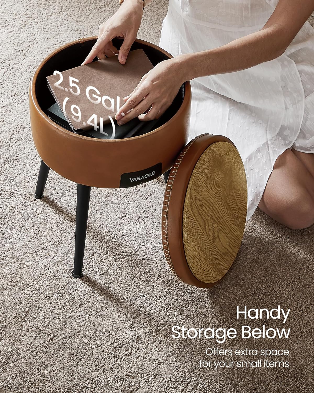 VASAGLE Taburet cu spatiu de depozitare, tapitat PU, cu 2 fete, diametru 32 cm, maro