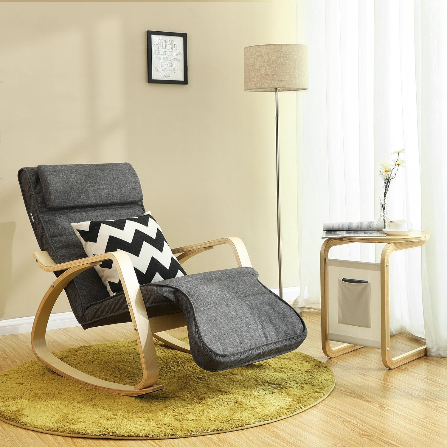 SONGMICS Scaun balansoar din lemn, suport picioare reglabil, maxim 150kg, 67x115x91cm, gri inchis