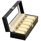 Cutie depozitare si organizare ceasuri, MDF, piele ecologica, 30x11x8cm, negru
