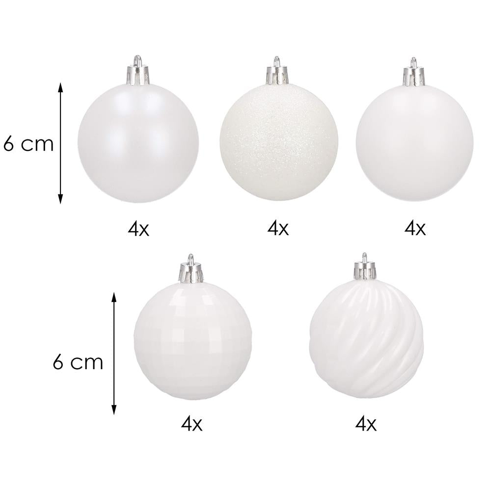 Set globuri de Craciun, 20 bucati, 5 modele, 6cm, alb