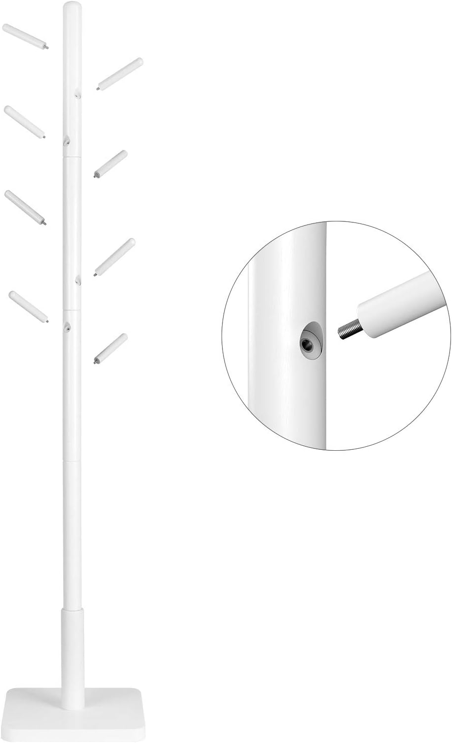 VASAGLE Cuier pentru haine, din lemn masiv, tip pom, cu 8 carlige, baza patrata, 175cm, alb