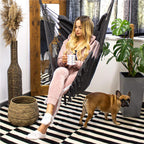 Hamac tip leagan suspendat pentru casa sau gradina, cu perne, 130x100cm, 150kg, gri inchis