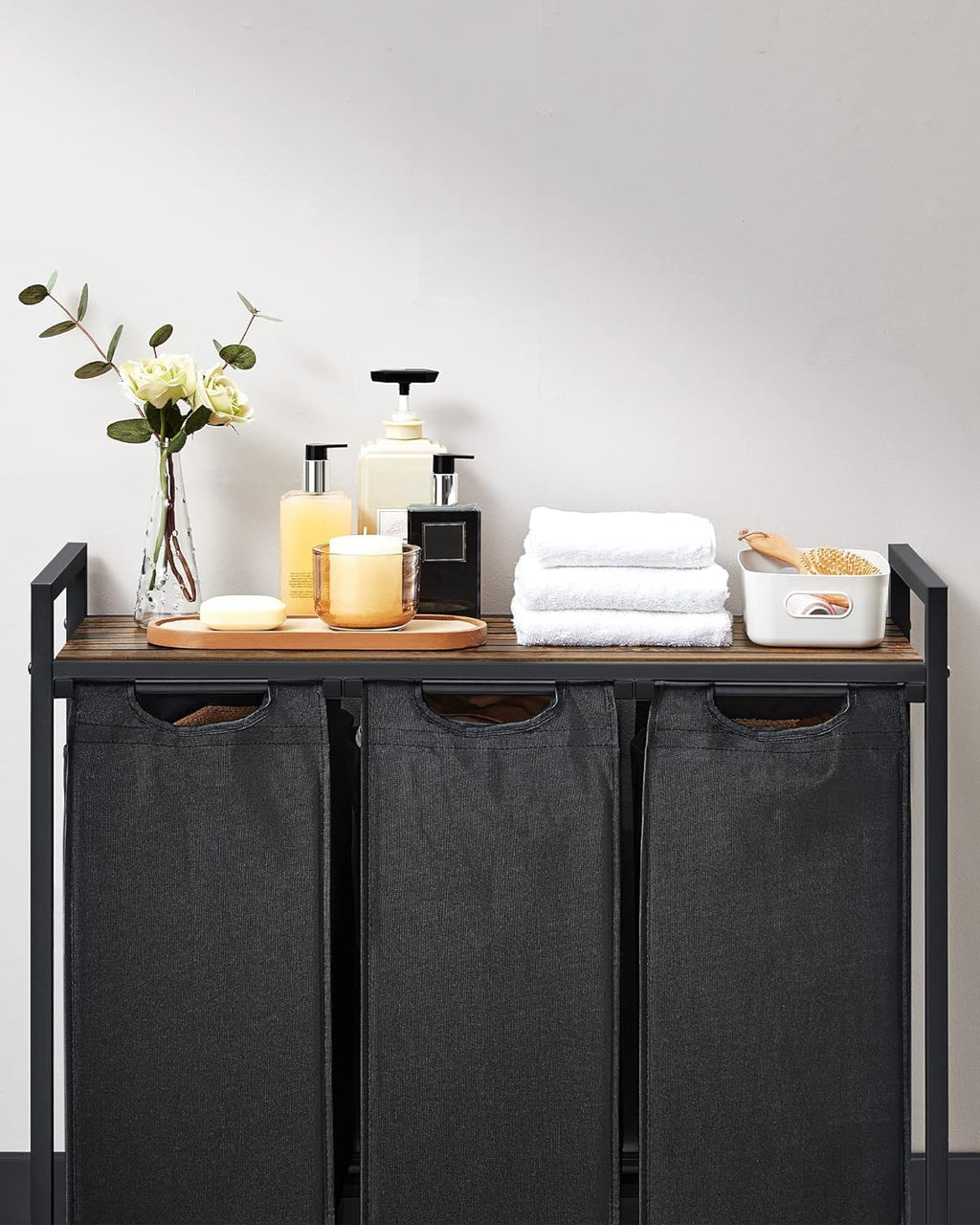 VASAGLE Cos de rufe, 3 compartimente, saci de rufe detasabili, raft, cadru metalic, 3x38L, 93x33x72 cm, maro rustic si negru