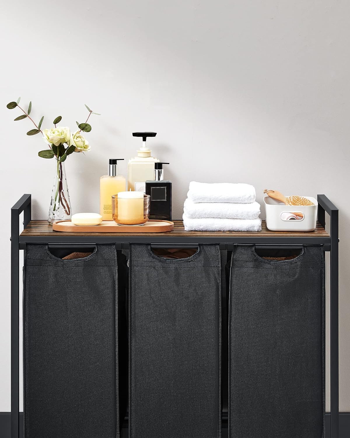 VASAGLE Cos de rufe, 3 compartimente, saci de rufe detasabili, raft, cadru metalic, 3x38L, 93x33x72 cm, maro rustic si negru