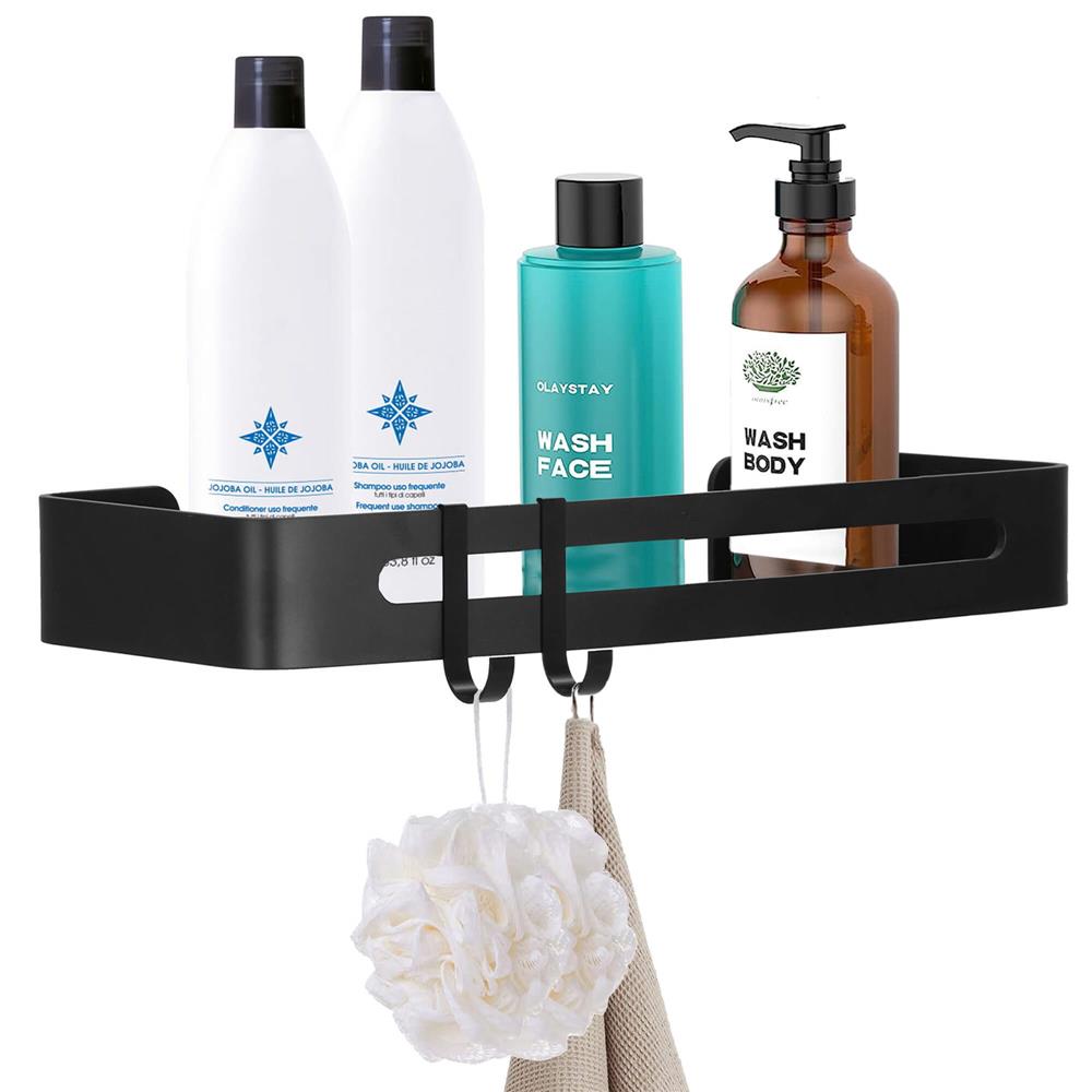 Raft de baie cu 2 agatatori, 2 sisteme instalare pe perete, aluminiu, 32x12x4cm, negru