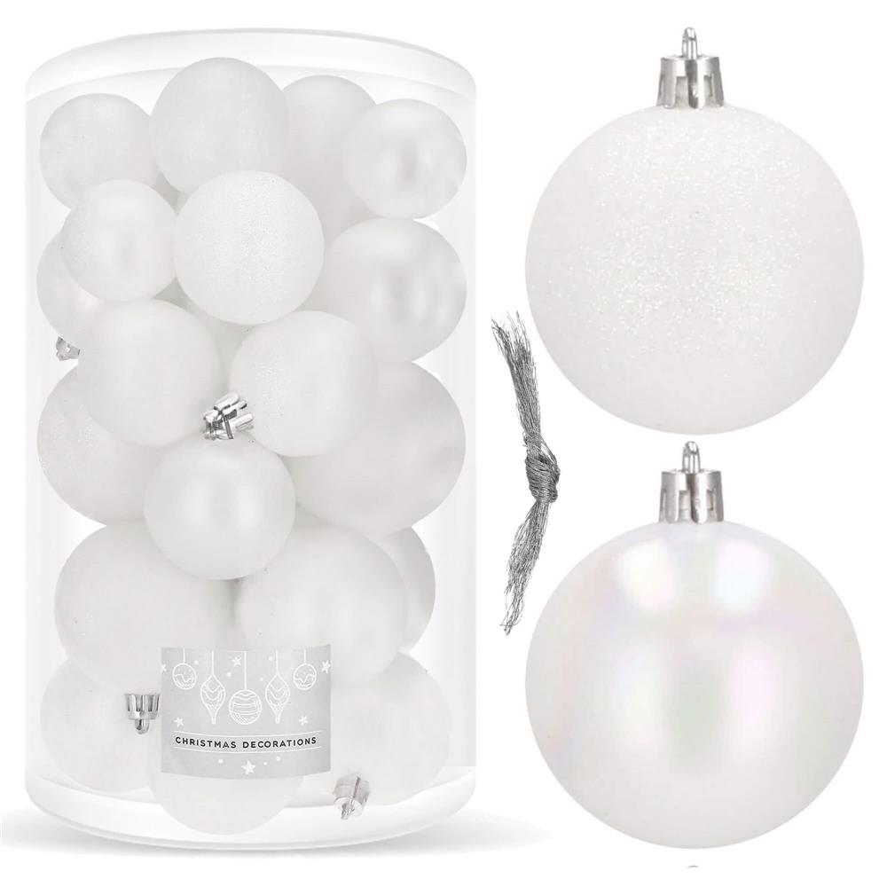 Set globuri de Craciun, 30 bucati, 3 modele, 4/5/6cm, alb