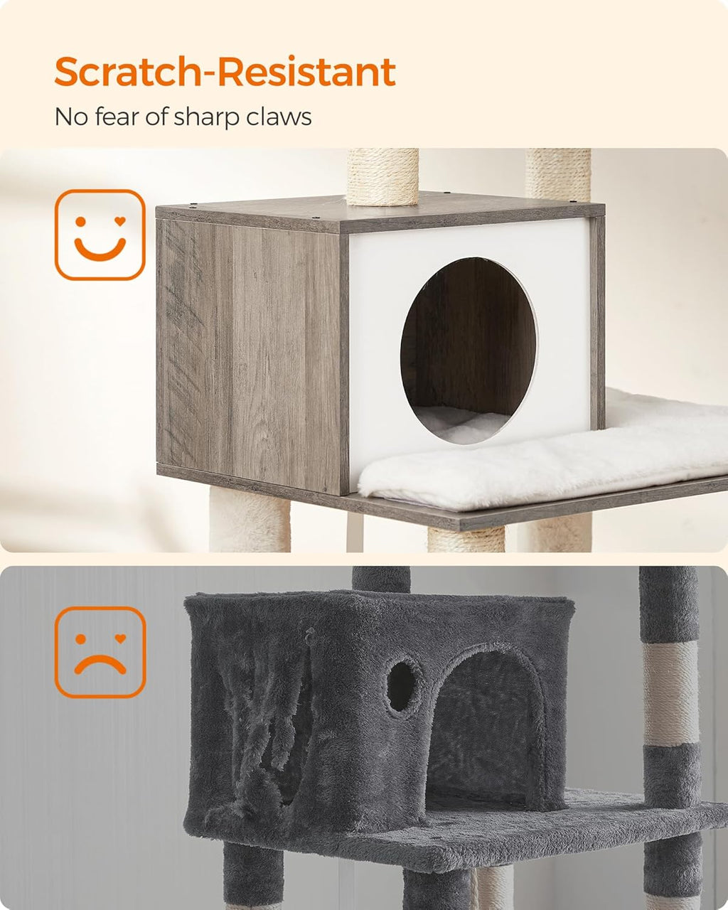 FEANDREA Ansamblu de joaca pisici, tip copac, cu culcusuri, ascunzatoare si hamac, 55x45x138 cm, alb si gri