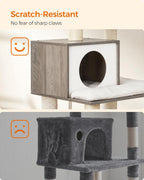 FEANDREA Ansamblu de joaca pisici, tip copac, cu culcusuri, ascunzatoare si hamac, 55x45x138 cm, alb si gri