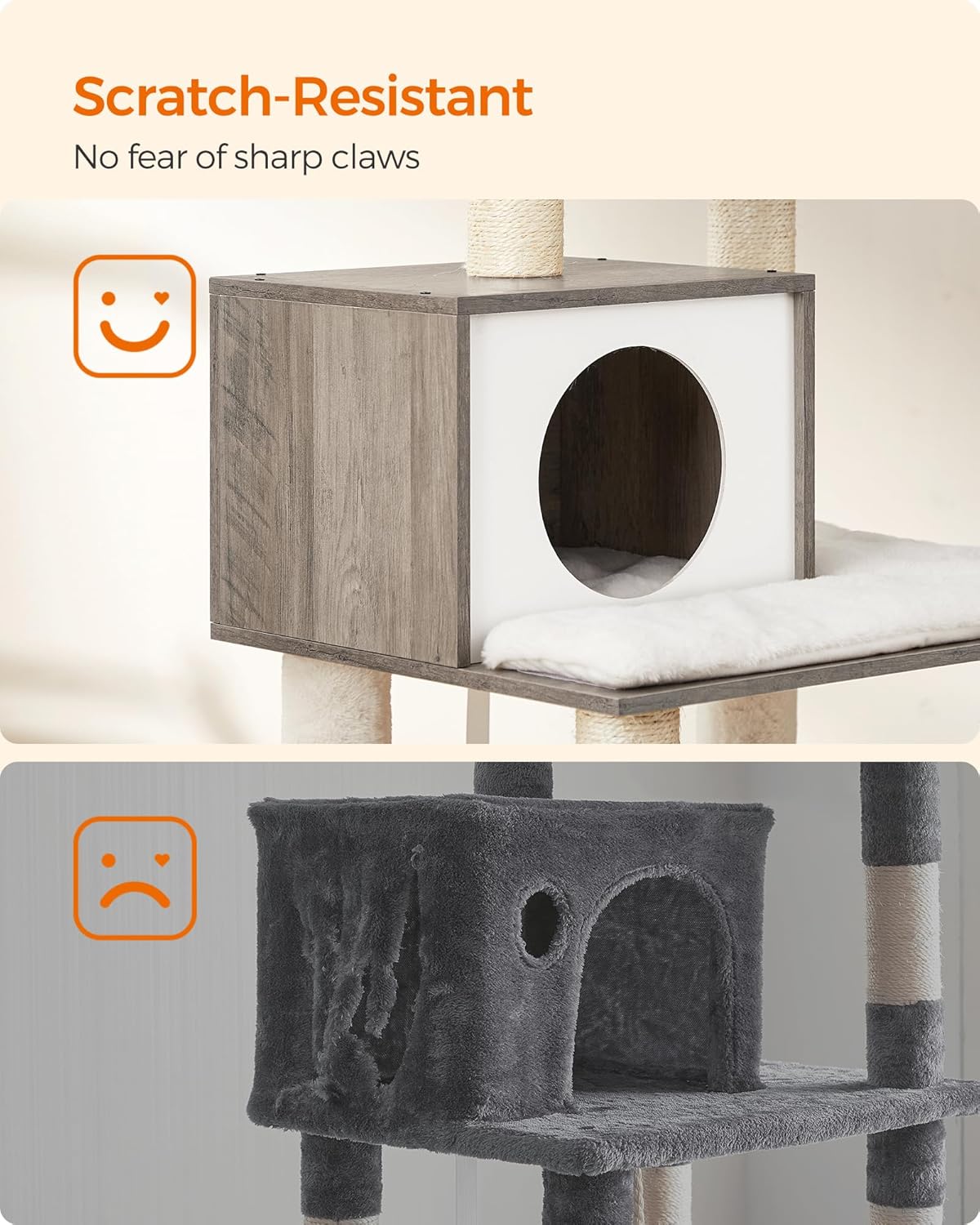 FEANDREA Ansamblu de joaca pisici, tip copac, cu culcusuri, ascunzatoare si hamac, 55x45x138 cm, alb si gri