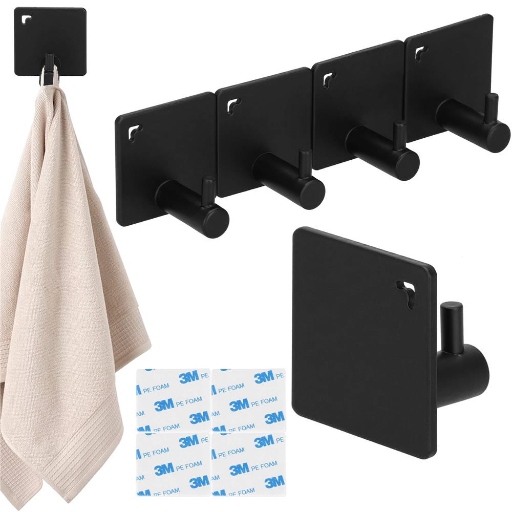 Set 4 agatatori tip cuier pentru baie, sistem fixare inclus, aluminiu, negru