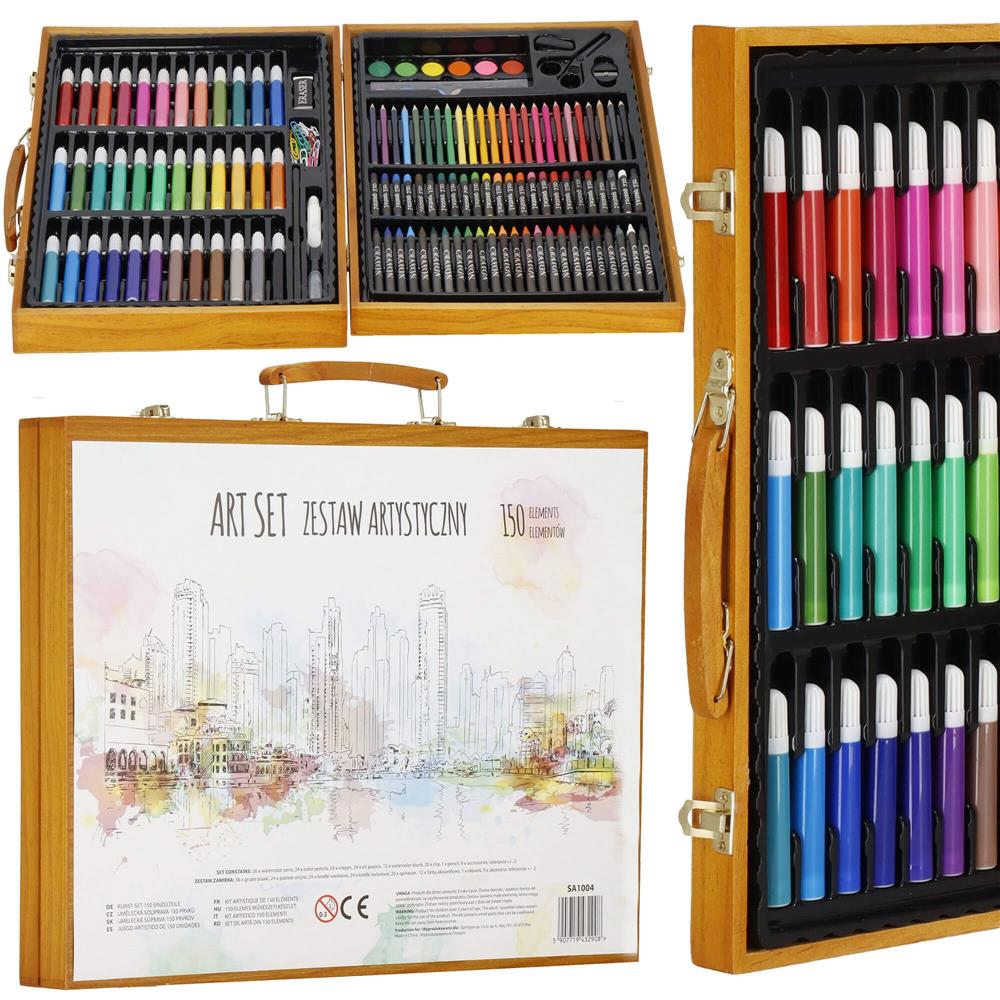 Set de pictura si desen pentru copii, 150 de piese, trusa lemn maro