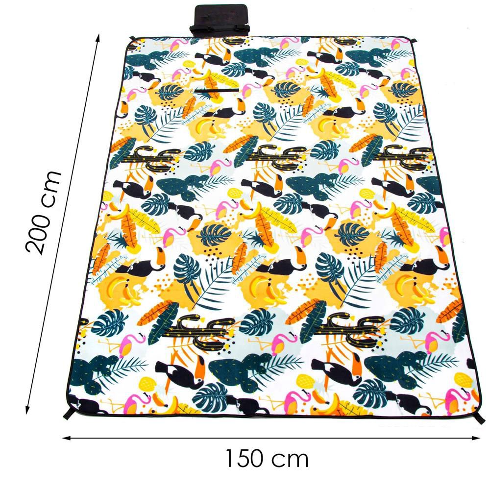 Patura pentru picnic sau plaja, cu folie izolatoare si maner, 150x200cm, model tropical, alb verde