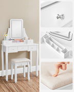 VASAGLE Masa de toaleta cu taburet, oglinda rotativa 360°, iluminare LED reglabila, 80x40x138 cm, alb