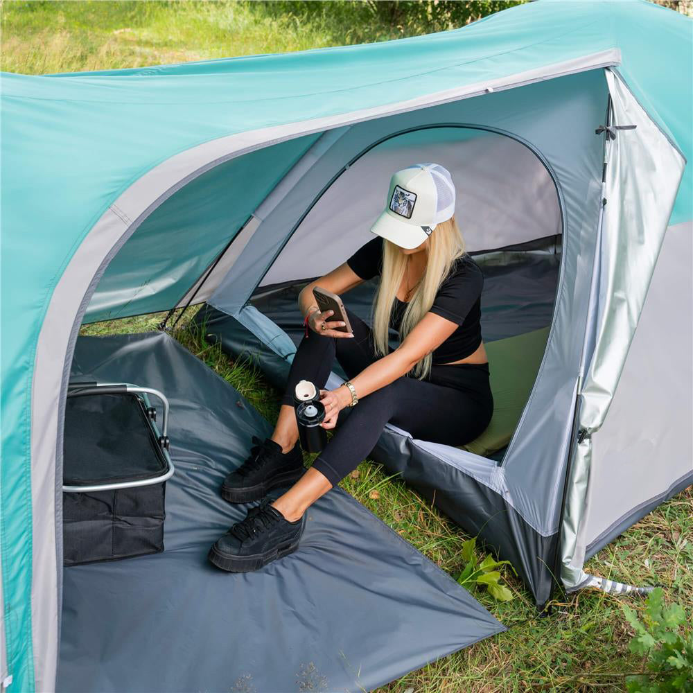 Cort plaja sau camping, impemeabil, cu terasa, 4 locuri, 175x310x130cm, gri albastru