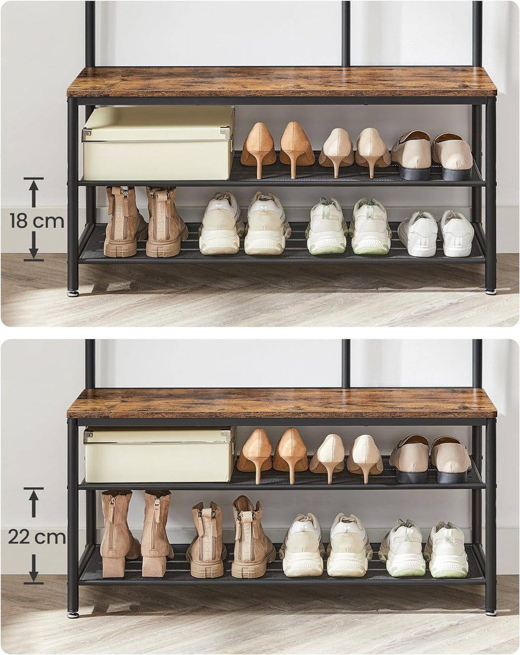 VASAGLE Cuier cu rafturi depozitare pantofi si oglinda, industrial, 35x98x180 cm, maro rustic si negru