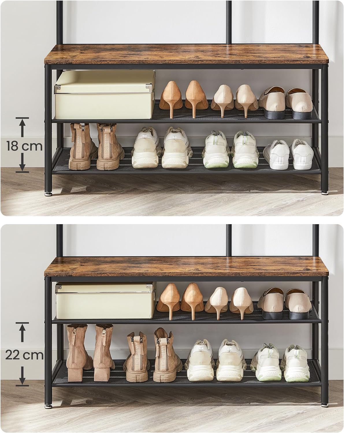 VASAGLE Cuier cu rafturi depozitare pantofi si oglinda, industrial, 35x98x180 cm, maro rustic si negru