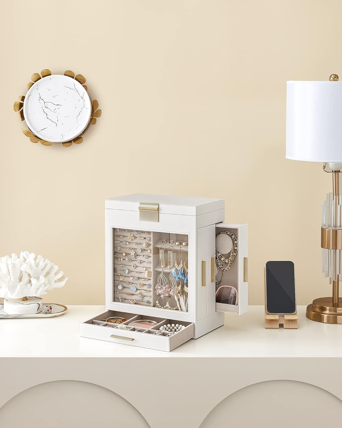 SONGMICS Cutie de bijuterii cu 3 sertare laterale, fereastra si oglinda mare, 16x26x32 cm, alb