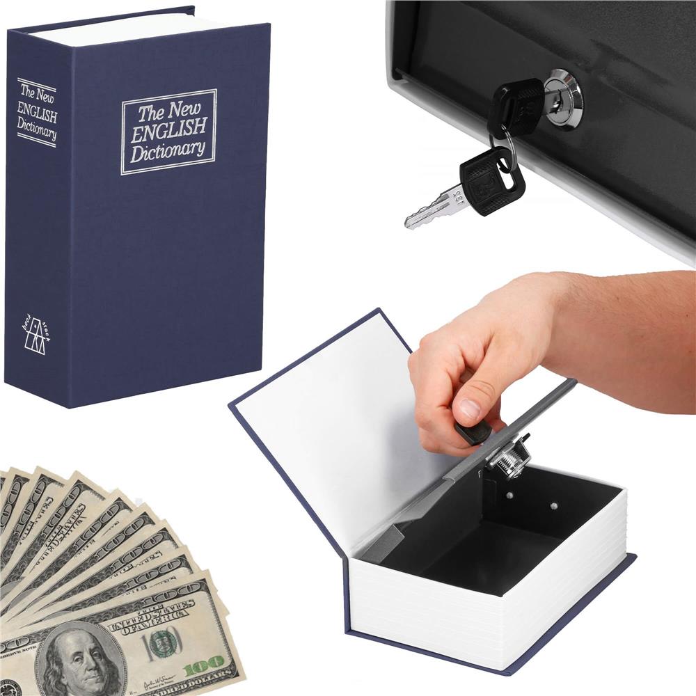 Caseta de valori, cutie metalica cu cheie, portabila, tip carte, Dictionar, albastru, 26x20.5x6.5 cm