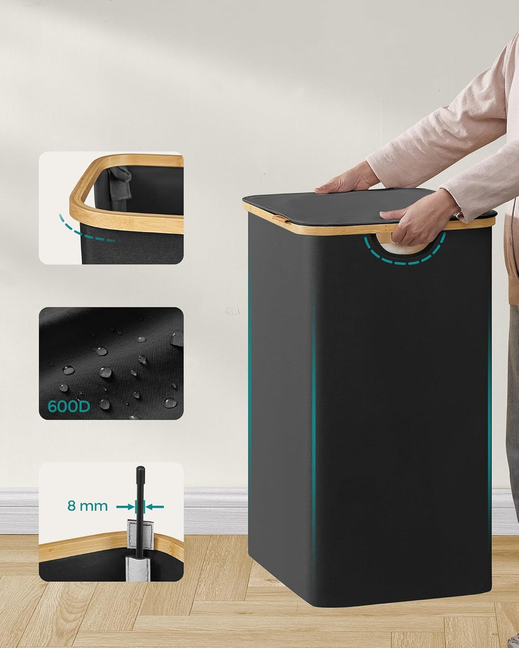 SONGMICS Cos de rufe textil, pliabil, cu 2 compartimente detasabile, 130L, 52x39x71 cm, negru