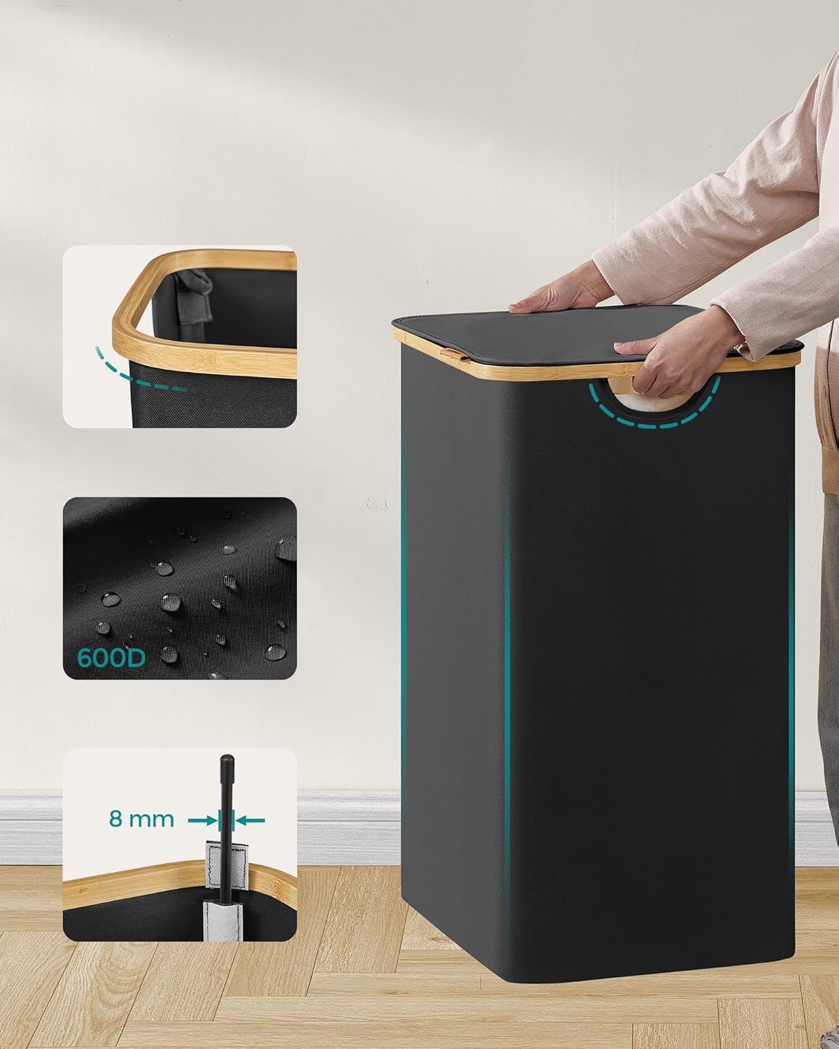 SONGMICS Cos de rufe textil, pliabil, cu 2 compartimente detasabile, 130L, 52x39x71 cm, negru