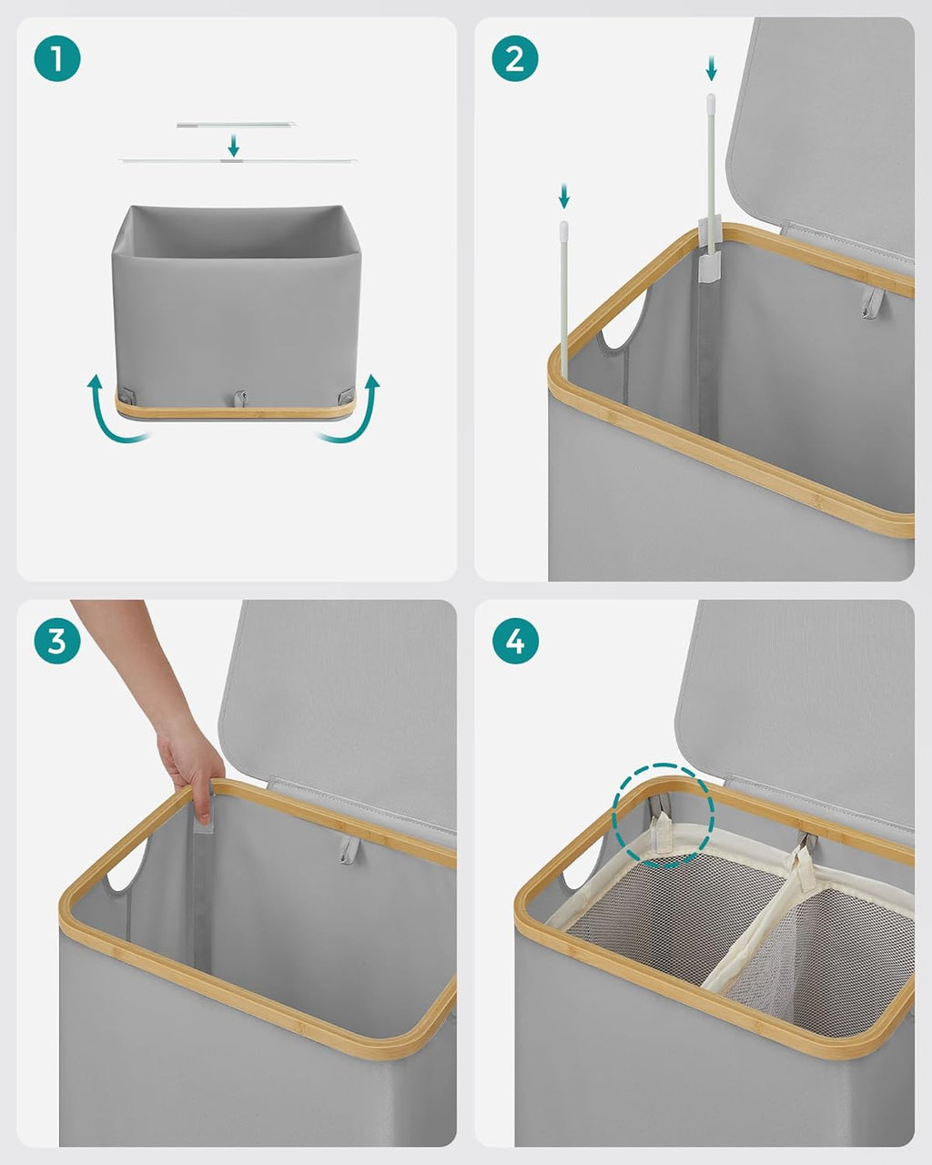 SONGMICS Cos de rufe textil, pliabil, cu 2 compartimente detasabile, 130L, 52x39x71 cm, gri