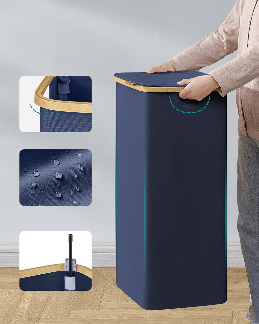 SONGMICS Cos de rufe textil, pliabil, compartiment detasabil, 90L, 42x32x71 cm, albastru