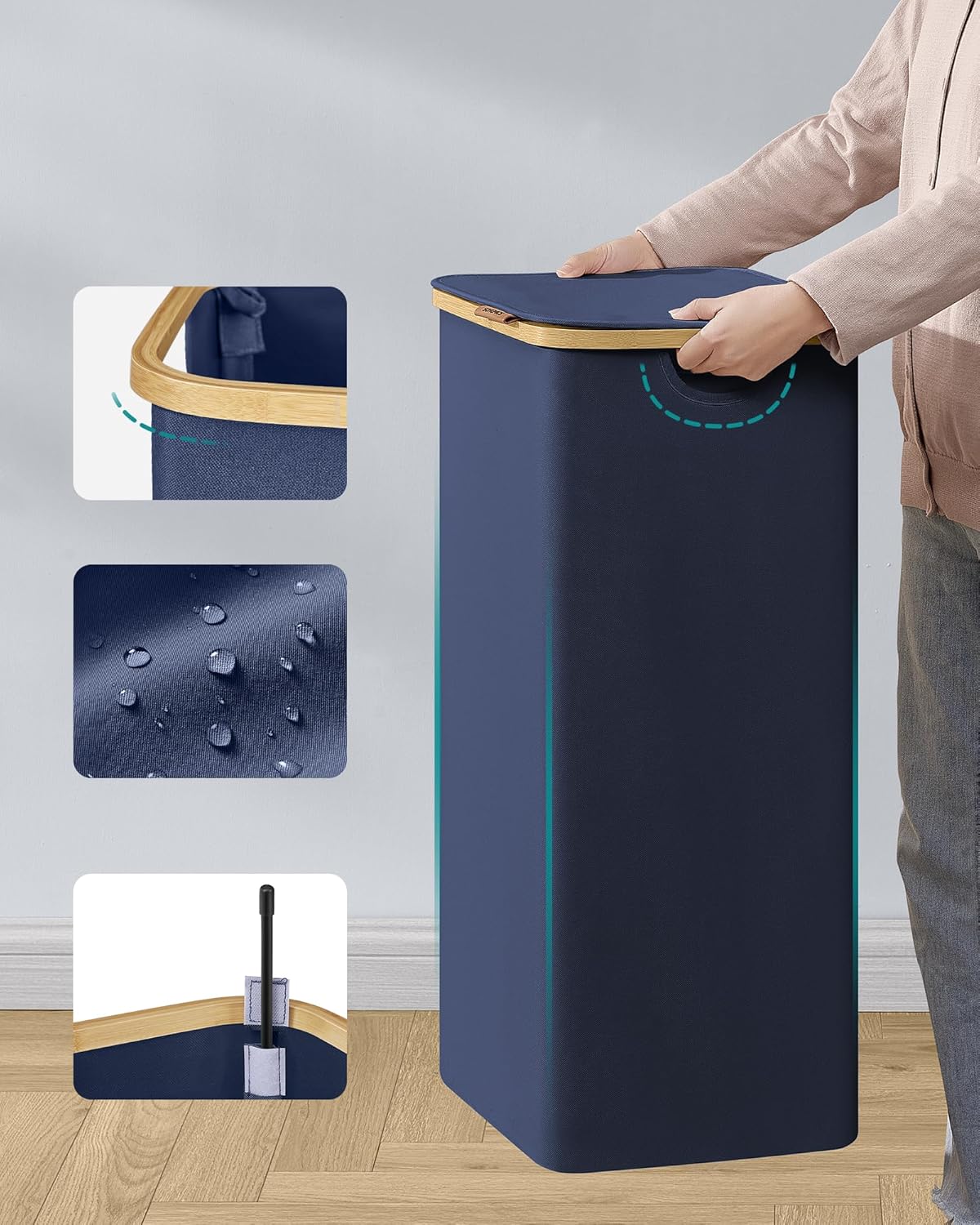 SONGMICS Cos de rufe textil, pliabil, compartiment detasabil, 90L, 42x32x71 cm, albastru