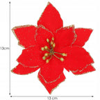 Set 10 ornamente pentru bradul de Craciun, stea Poinsettia, 13cm, rosu cu sclipici